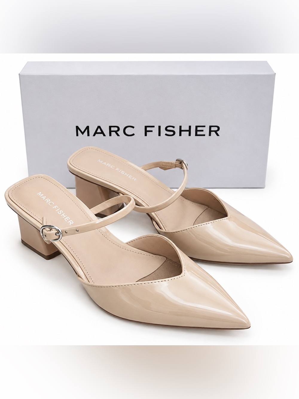 Marc Fisher Lakey Nude Patent Pointed Slingback Mules NIB